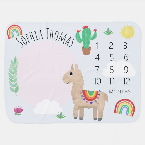 Girls Cute Pink Rainbow Llama Monthly Milestone Baby Blanket