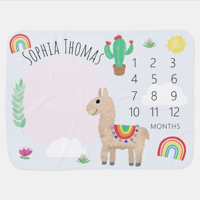 Girls Cute Pink Rainbow Llama Monthly Milestone Baby Blanket (Horizontal)