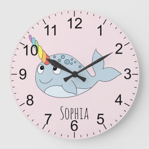 Girls Cute Pink Rainbow Narwhal and Name Kids Large Clock