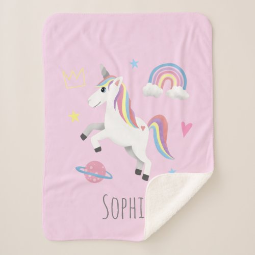 Girls Cute Pink Rainbow Unicorn  Name Kids Sherpa Blanket