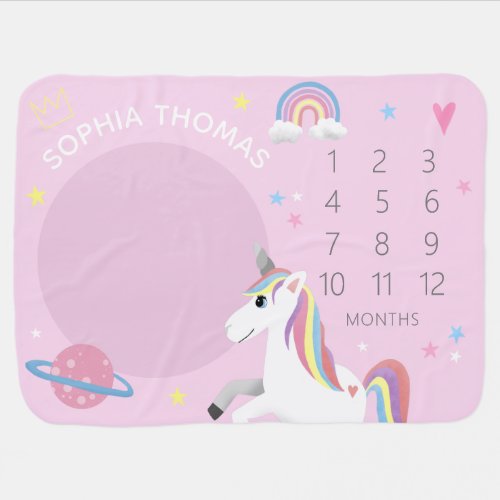 Girls Cute Pink Rainbow Unicorn  Name Milestone Baby Blanket
