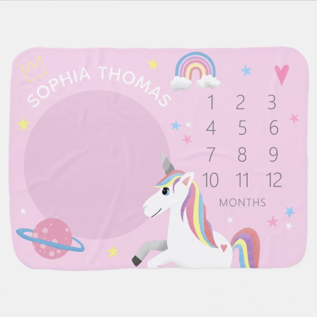 Girls Cute Pink Rainbow Unicorn & Name Milestone Baby Blanket (Horizontal)