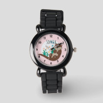 Girls Cute Pink River Otter Flowers and Name Kids Watch