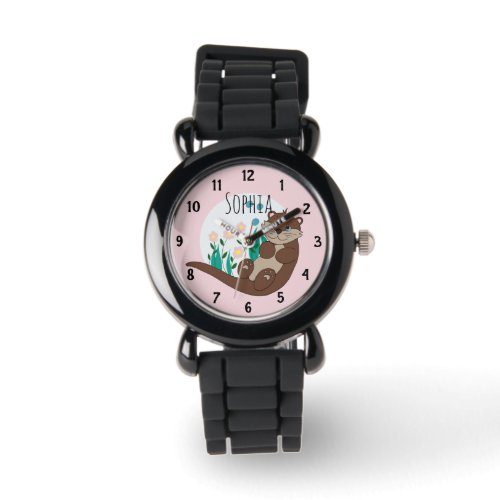 Girls Cute Pink River Otter Flowers and Name Kids Watch