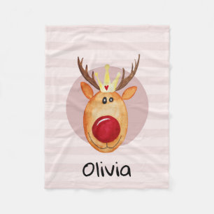 Girls Cute Pink Rudolph Reindeer Christmas Kids Fleece Blanket