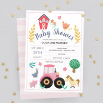 Girls Cute Pink Rustic Farm Tractor Baby Shower Invitation