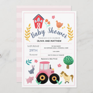 Girls Cute Pink Rustic Farm Tractor Baby Shower Invitation