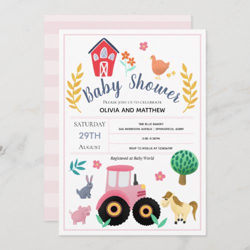 Girls Cute Pink Rustic Farm Tractor Baby Shower Invitation