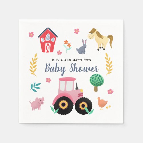 Girls Cute Pink Rustic Farm Tractor Baby Shower Napkins