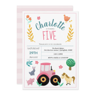 Girls Cute Pink Rustic Farm Tractor Birthday Invitation
