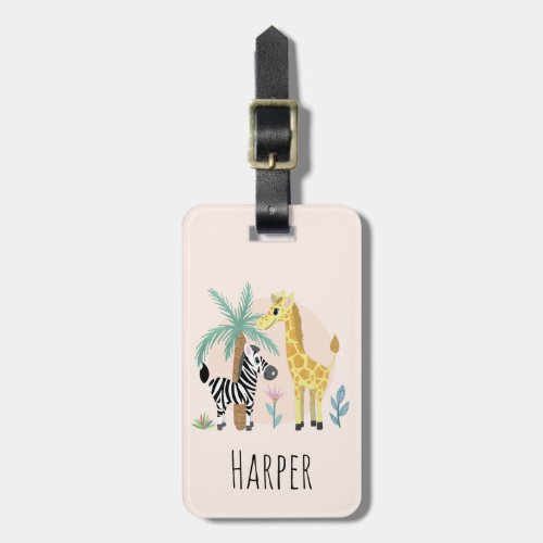 Girls Cute Pink Safari Animals Giraffe Zebra Kids Luggage Tag