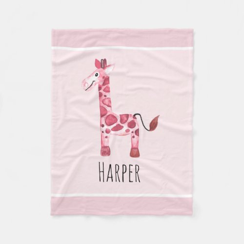 Girls Cute Pink Safari Giraffe and Name Fleece Blanket