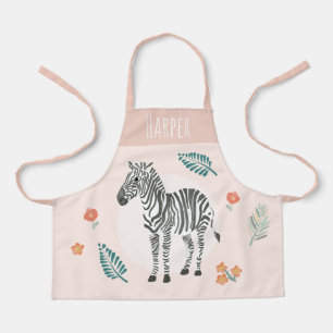 Girls Cute Pink Safari Zebra and Flowers Apron