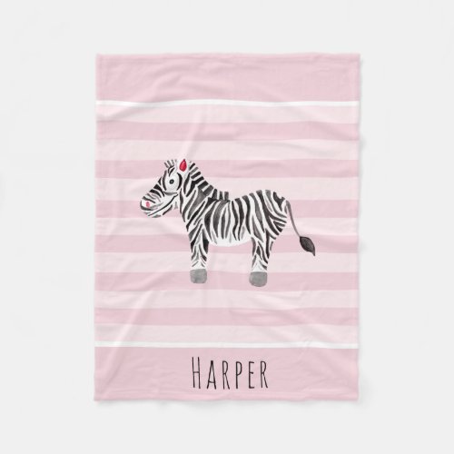 Girls Cute Pink Safari Zebra and Name Fleece Blanket
