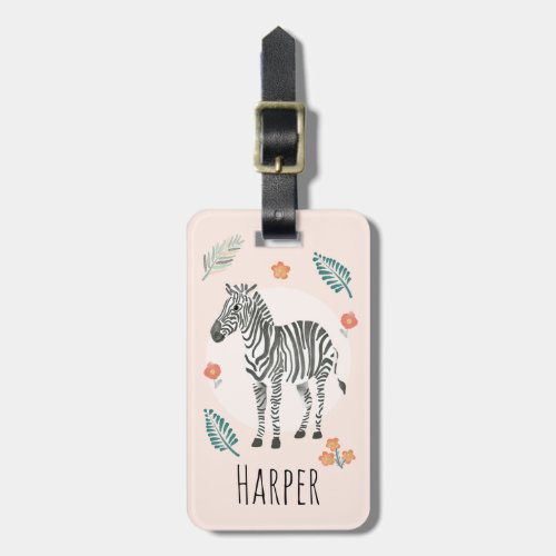 Girls Cute Pink Safari Zebra Cartoon and Name Kids Luggage Tag