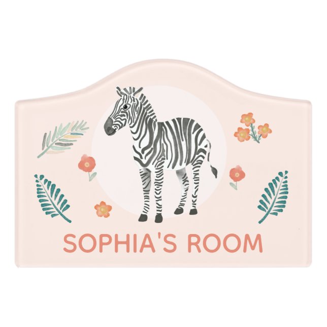 Girls Cute Pink Safari Zebra & Name Kids Door Sign (Small Crest Front)