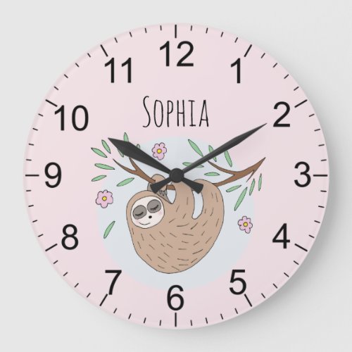 Girls Cute Pink Sleeping Sloth and Name Kids Large Clock