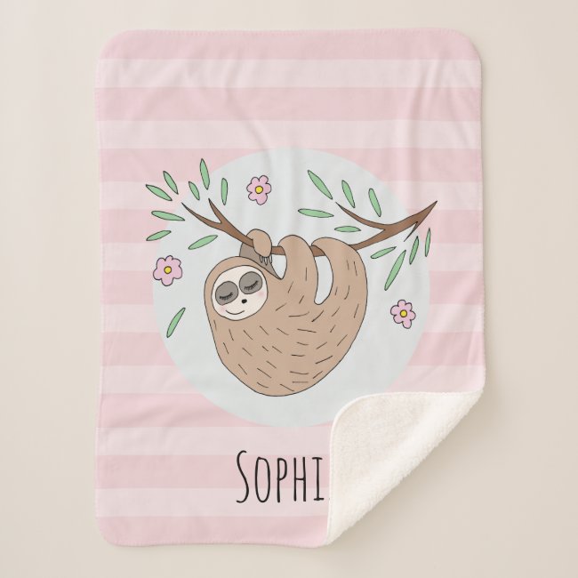 Girls Cute Pink Sleeping Sloth and Name Kids Sherpa Blanket