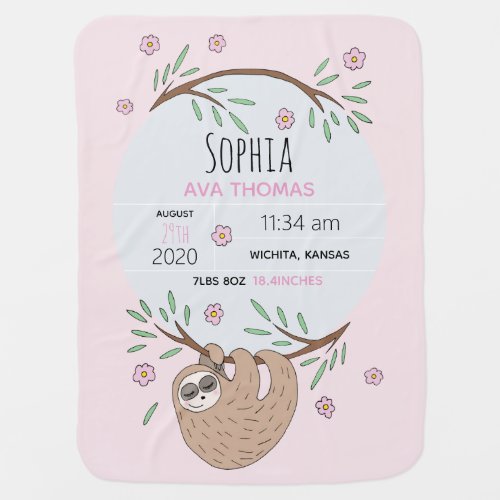 Girls Cute Pink Sleeping Sloth Name Birth Stats Baby Blanket