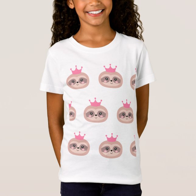 Girls Cute Pink Sloth Princess T-Shirt (Front)