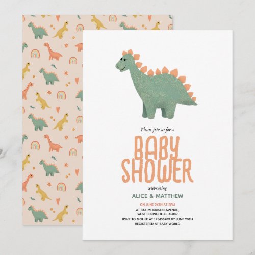 Girls Cute Pink T-Rex Dinosaur Flowers Baby Shower Invitation