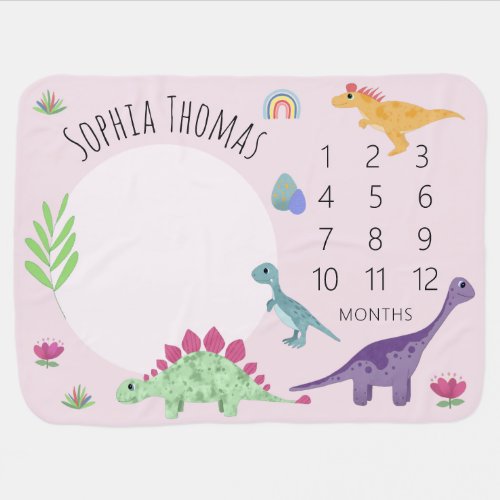 Girls Cute Pink T_Rex Dinosaur  Name Milestone Baby Blanket