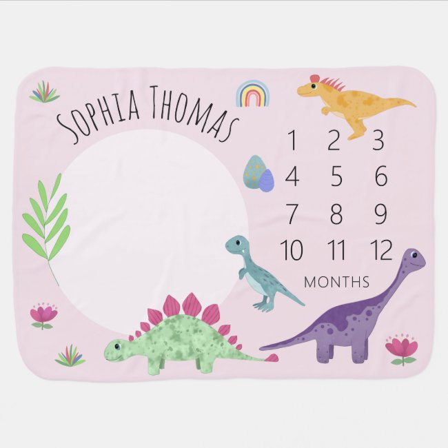 Girls Cute Pink T-Rex Dinosaur & Name Milestone Baby Blanket