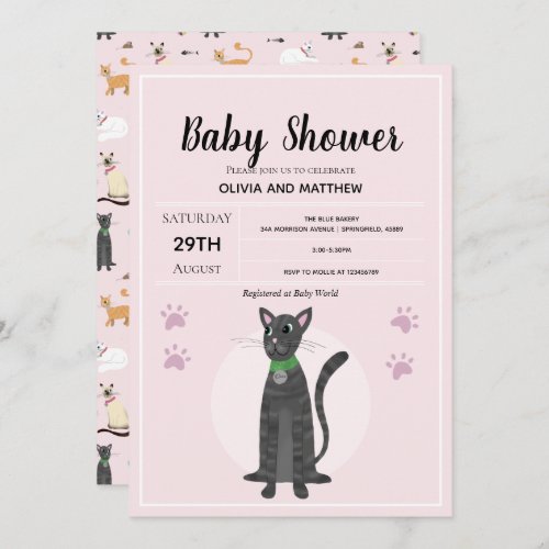 Girls Cute Pink Tabby Cat Cartoon Baby Shower Invitation