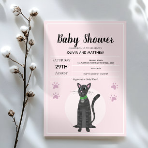 Girls Cute Pink Tabby Cat Cartoon Baby Shower Invitation