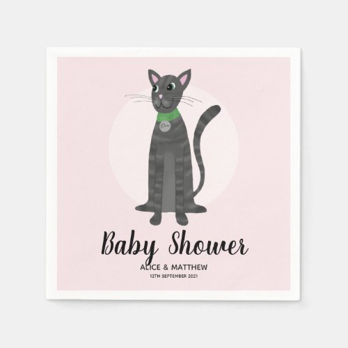 Girls Cute Pink Tabby Cat Cartoon Baby Shower Napkins