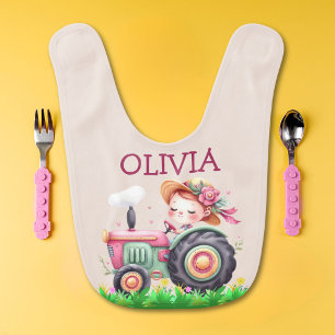 Girls' Cute Pink Tractor Baby Bib