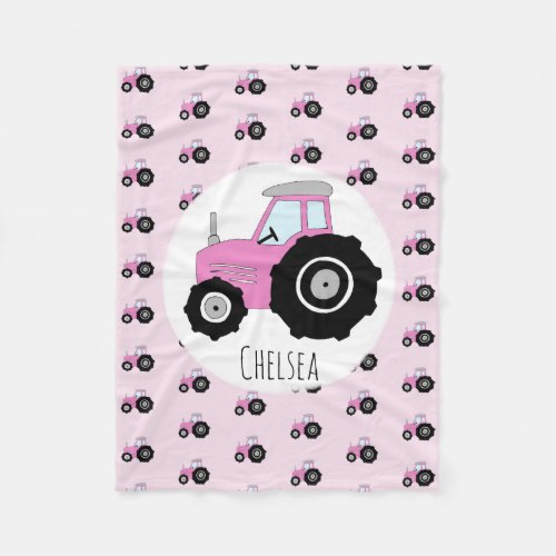 Girls Cute Pink Tractor Pattern with Name Kids Fleece Blanket