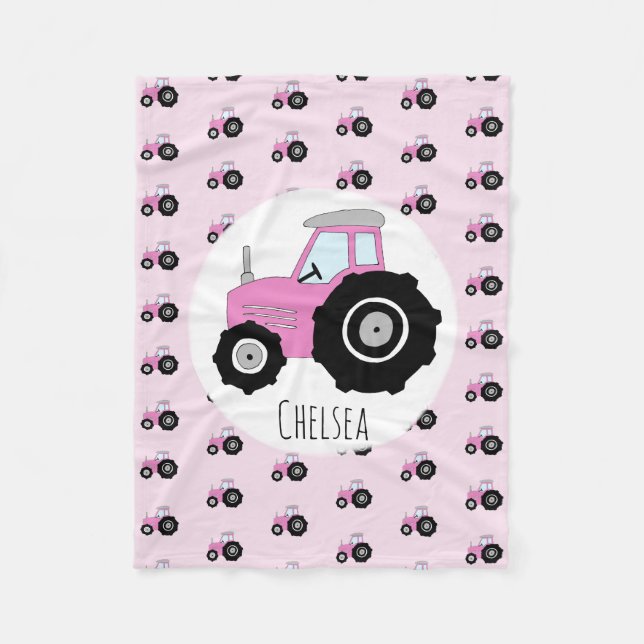 Girls Cute Pink Tractor Pattern with Name Kids Fleece Blanket (Front)