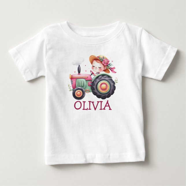 Girls Cute Pink Tractor Personalized Baby T-Shirt (Front)