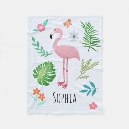 Girls Cute Pink Tropical Flamingo  Flowers Kids Fleece Blanket