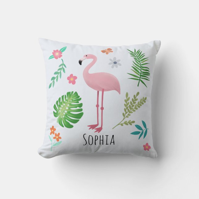 Girls Cute Pink Tropical Flamingo & Flowers Kids Throw Pillow (Front)
