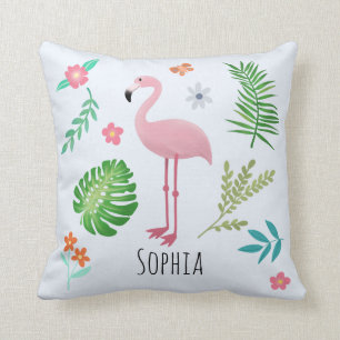 Girls Cute Pink Tropical Flamingo & Flowers Kids Throw Pillow