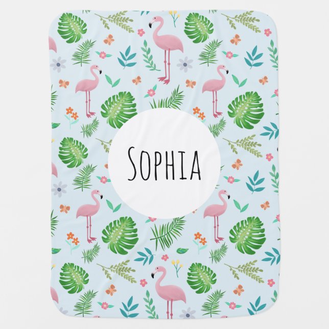 Girls Cute Pink Tropical Flamingo Pattern Baby Blanket (Front)