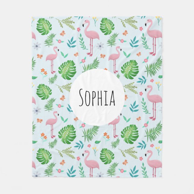 Girls Cute Pink Tropical Flamingo Pattern Kids Fleece Blanket (Front)