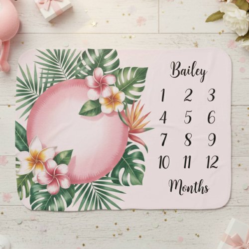 Girls Cute Pink Tropical Flowers Milestone