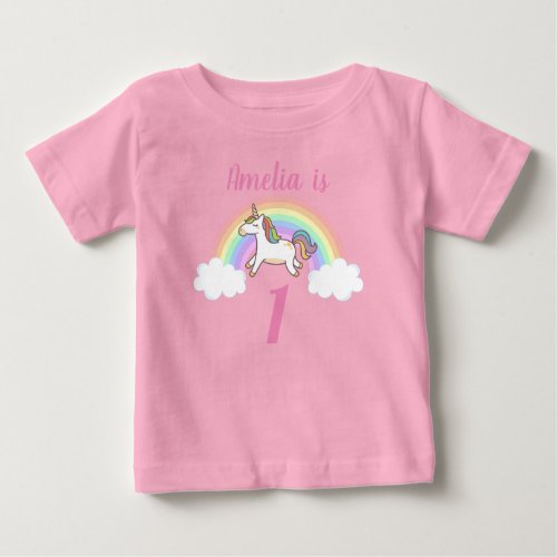 Girls Cute Pink Unicorn Custom Name 1st Birthday Baby T_Shirt