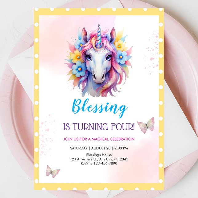 Girls Cute Pink Unicorn Kids 4th Birthday Invitation (Creator Uploaded)