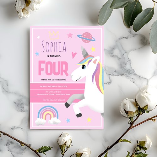 Girls Cute Pink Unicorn Kids 4th Birthday