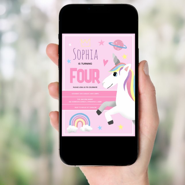 Girls Cute Pink Unicorn Kids 4th Birthday Invitation (Front Digital)