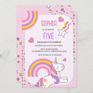 Girls Cute Pink Unicorn Kids 5th Birthday Invitation