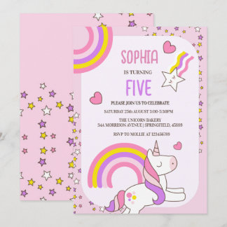 Girls Cute Pink Unicorn Kids 5th Birthday  Invitation