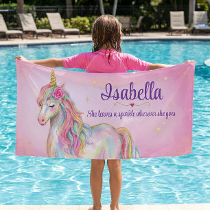 Girls Cute Pink Unicorn  Personalized Name Kids Beach Towel