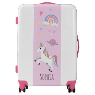Girls Cute Pink Unicorn Rainbow and Name Kids Luggage
