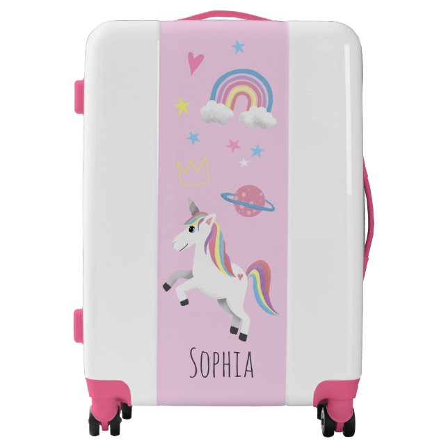 Girls Cute Pink Unicorn Rainbow and Name Kids Luggage (Front)