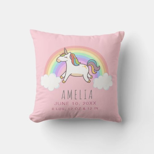 Girls Cute Pink Unicorn Rainbow Baby Birth Stats Throw Pillow